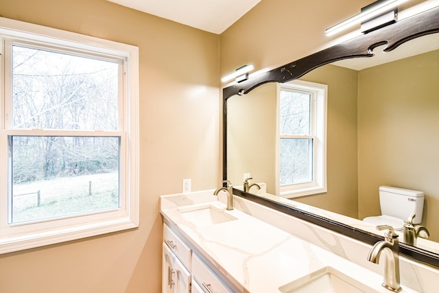 bathroom with vanity, toilet, and a healthy amount of sunlight