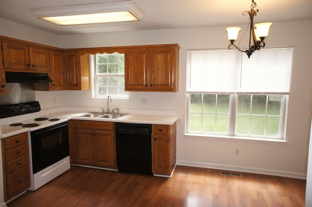 kitchen with sink, black dishwasher, a notable chandelier, white electric stove, and decorative light fixtures