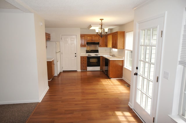 kitchen featuring sink, hanging light fixtures, a notable chandelier, wood-type flooring, and white appliances