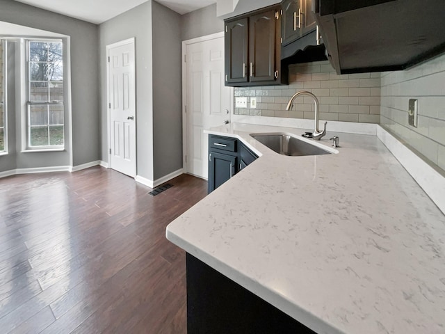 kitchen with tasteful backsplash, dark brown cabinetry, sink, and dark wood-type flooring