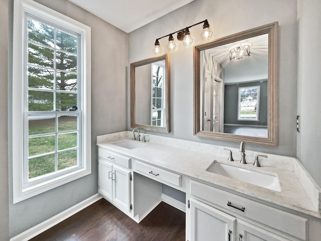 bathroom with vanity and hardwood / wood-style flooring