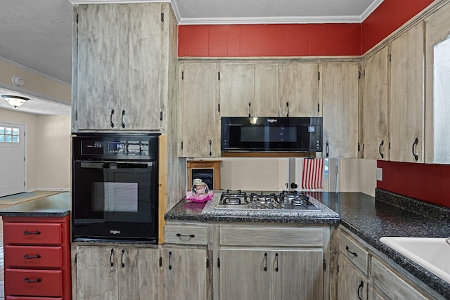 kitchen with crown molding, sink, black appliances, and a textured ceiling