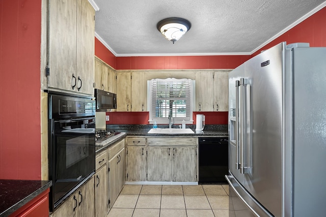 kitchen with black appliances, light tile patterned flooring, sink, and crown molding