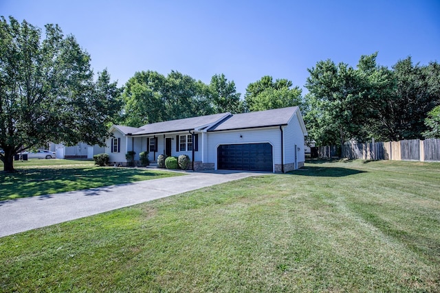 ranch-style house with a garage and a front yard