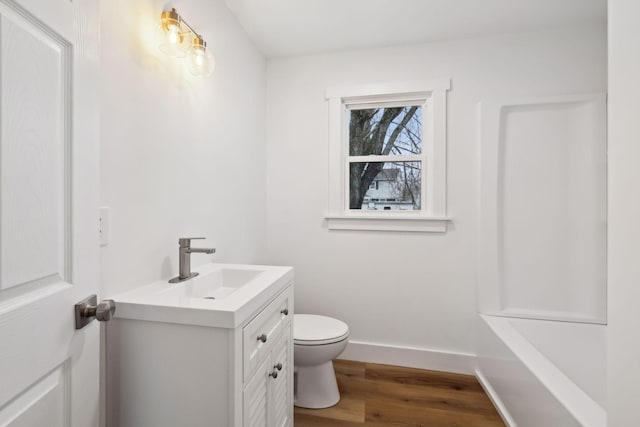 bathroom with vanity, wood-type flooring, and toilet