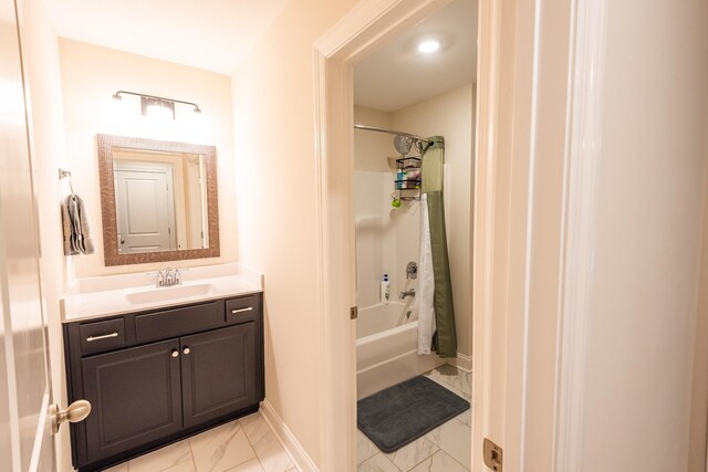 bathroom with vanity and shower / bathtub combination with curtain