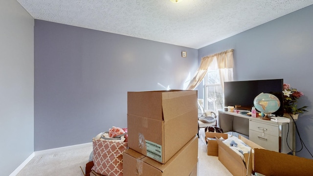 interior space featuring light colored carpet and a textured ceiling