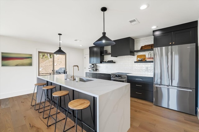 kitchen with pendant lighting, sink, stainless steel appliances, and a center island with sink