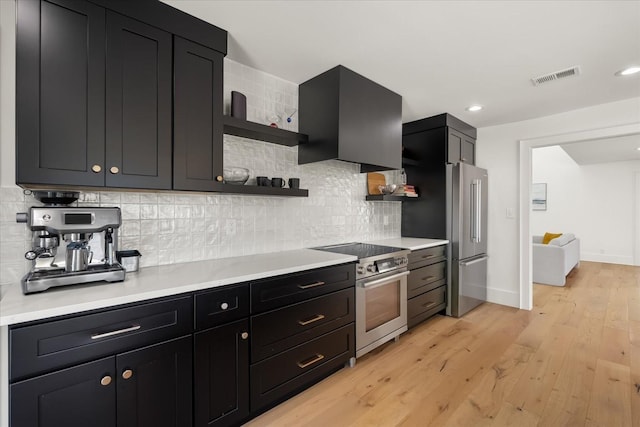 kitchen featuring decorative backsplash, stainless steel appliances, extractor fan, and light wood-type flooring