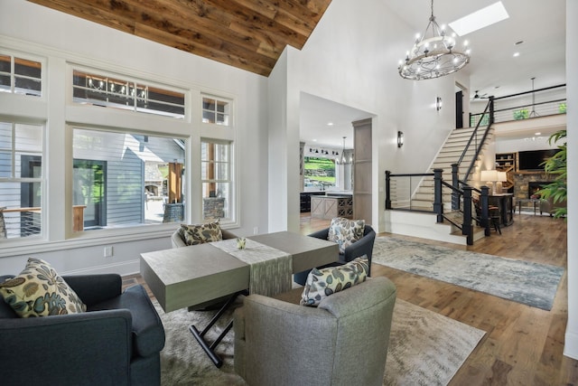 dining space with wood-type flooring, high vaulted ceiling, wooden ceiling, and a notable chandelier