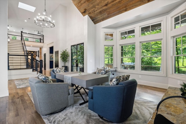 living room featuring hardwood / wood-style flooring, high vaulted ceiling, plenty of natural light, and wooden ceiling