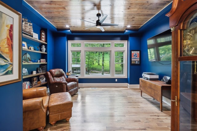 sitting room with ceiling fan, built in features, wood ceiling, and light hardwood / wood-style flooring