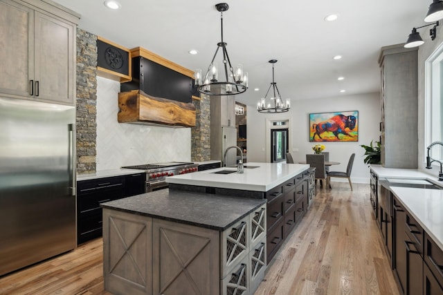 kitchen featuring tasteful backsplash, ventilation hood, high end appliances, a kitchen island with sink, and sink