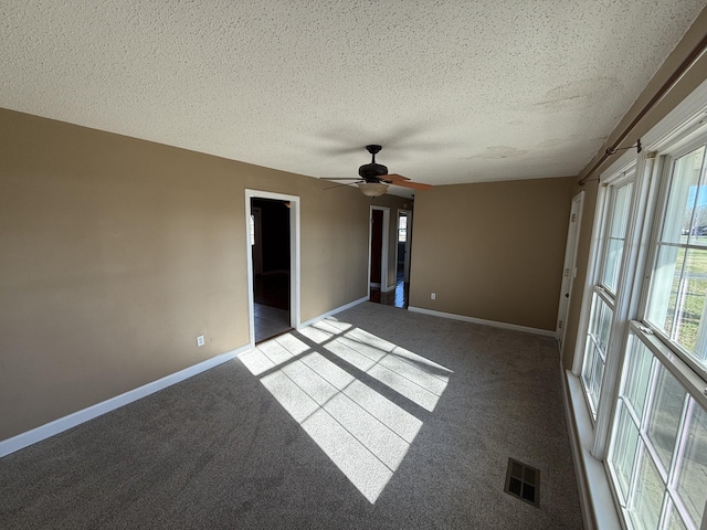 carpeted spare room with a wealth of natural light, ceiling fan, and a textured ceiling