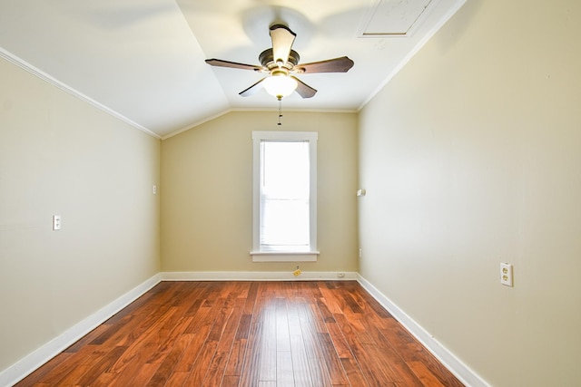 additional living space featuring ceiling fan, lofted ceiling, and dark wood-type flooring