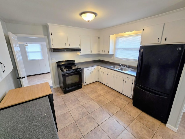 kitchen featuring white cabinetry, sink, light tile patterned floors, black appliances, and ornamental molding