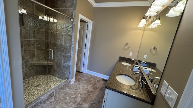 bathroom featuring tile patterned flooring, vanity, an enclosed shower, and ornamental molding