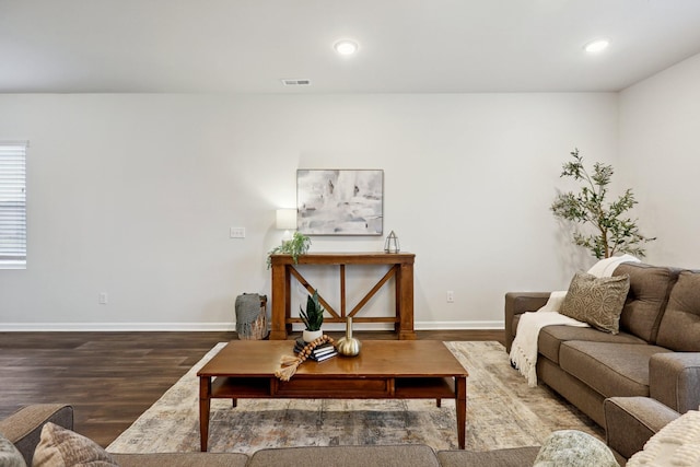 living room featuring dark wood-type flooring