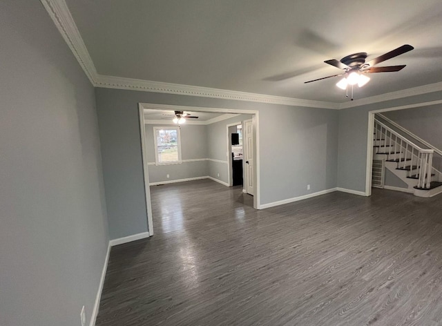 empty room with dark hardwood / wood-style floors, ceiling fan, and ornamental molding