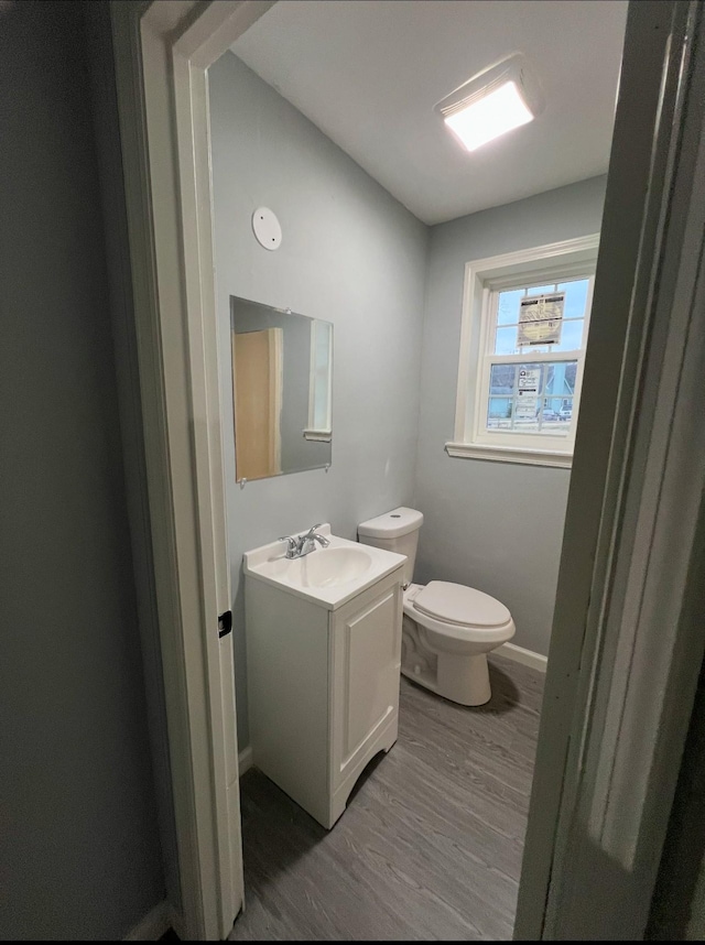 bathroom featuring hardwood / wood-style floors, vanity, and toilet