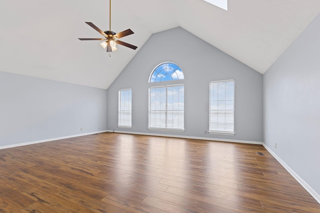 unfurnished living room with ceiling fan, dark wood-type flooring, and high vaulted ceiling