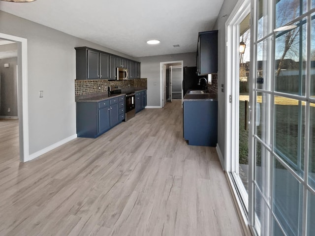 kitchen featuring appliances with stainless steel finishes, backsplash, light hardwood / wood-style floors, and sink