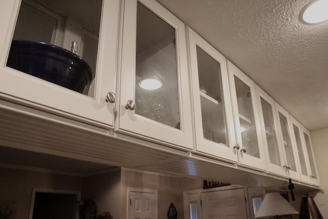 room details with a textured ceiling and white cabinetry