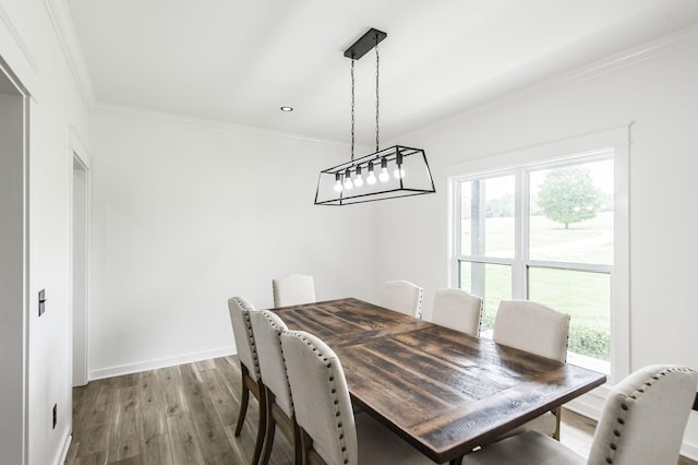 dining room with ornamental molding and light hardwood / wood-style floors