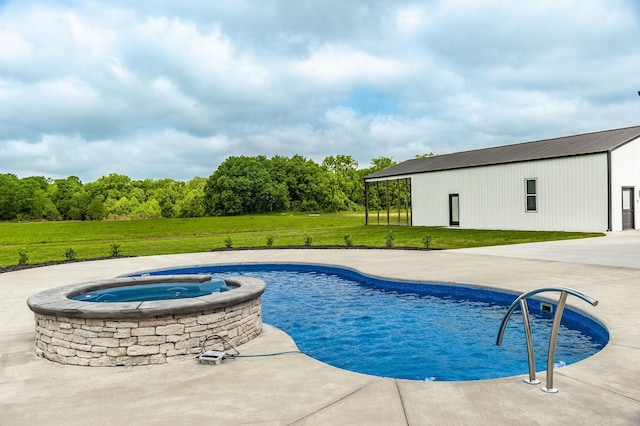 view of pool featuring a patio, an in ground hot tub, an outdoor structure, and a lawn