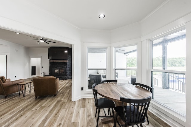 dining area featuring ceiling fan, light hardwood / wood-style floors, crown molding, and a fireplace