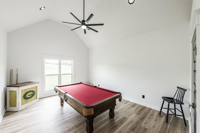 recreation room with pool table, ceiling fan, light hardwood / wood-style flooring, and vaulted ceiling