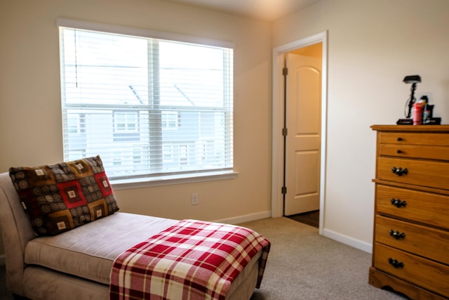 bedroom featuring multiple windows, baseboards, and light carpet