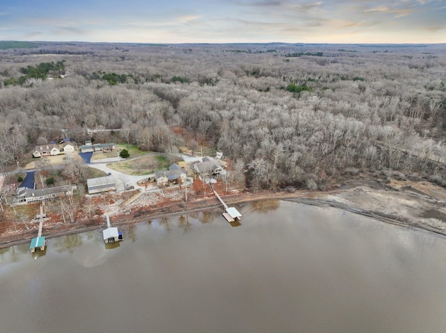 aerial view at dusk featuring a water view