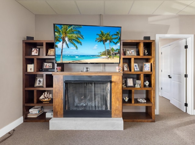 carpeted living room featuring a drop ceiling