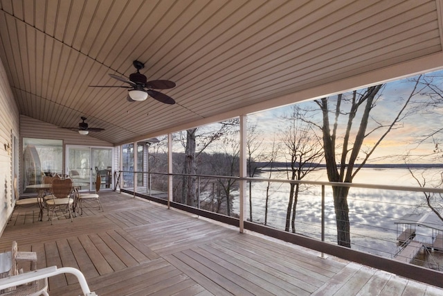 deck at dusk with ceiling fan