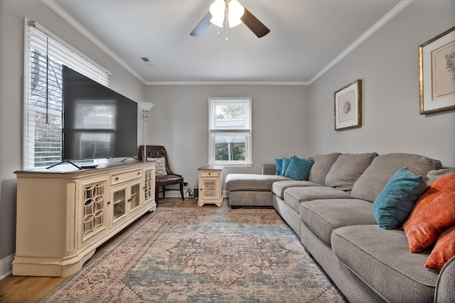 living room featuring hardwood / wood-style flooring, ceiling fan, and ornamental molding