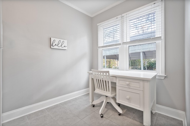 home office featuring light tile patterned floors and ornamental molding