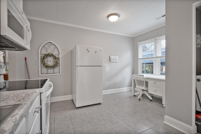 kitchen featuring sink, white cabinets, crown molding, white appliances, and light tile patterned floors