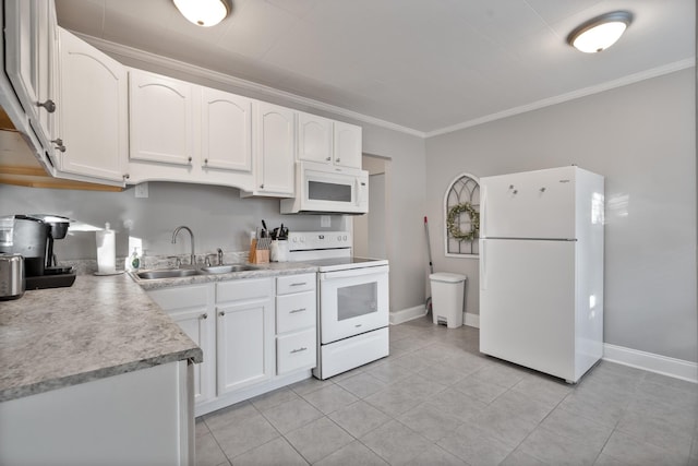 kitchen featuring ornamental molding, white appliances, sink, light tile patterned floors, and white cabinets