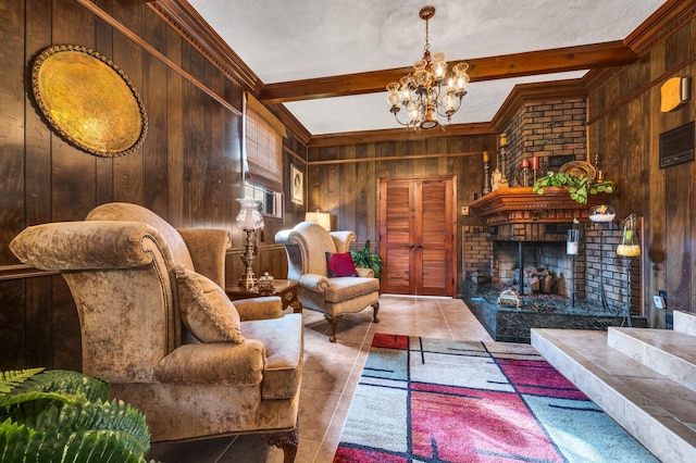 sitting room featuring beam ceiling, tile patterned floors, and wood walls