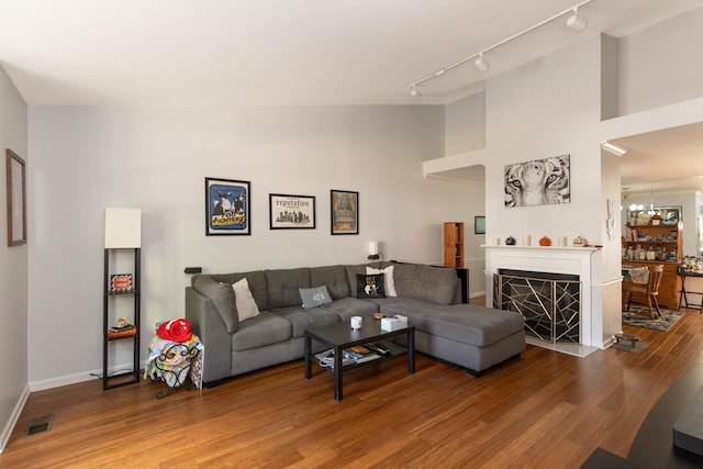 living room featuring wood-type flooring and rail lighting