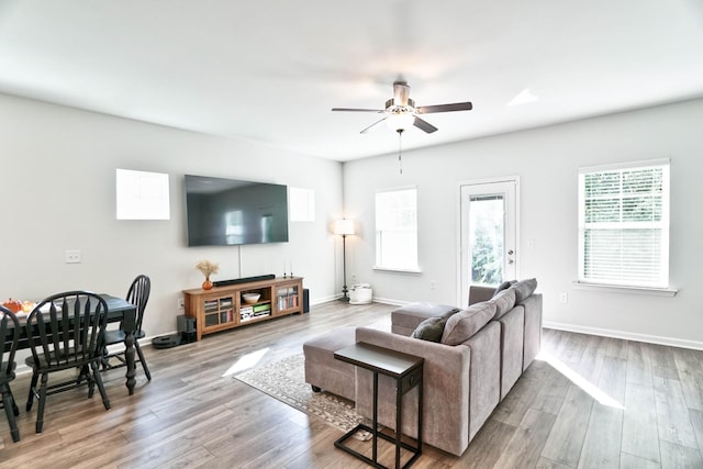 living room featuring ceiling fan and wood-type flooring