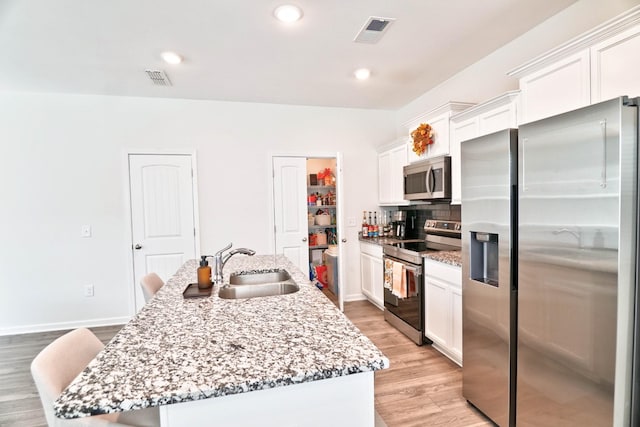 kitchen featuring sink, stainless steel appliances, white cabinetry, and an island with sink