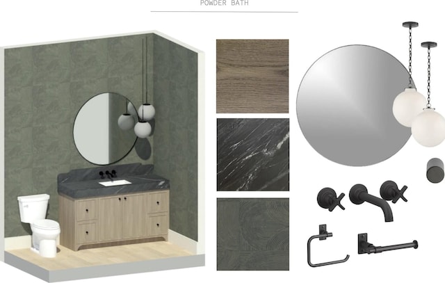 bathroom with vanity, toilet, and tile walls