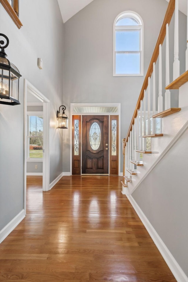 foyer entrance featuring a high ceiling, hardwood / wood-style flooring, and a healthy amount of sunlight