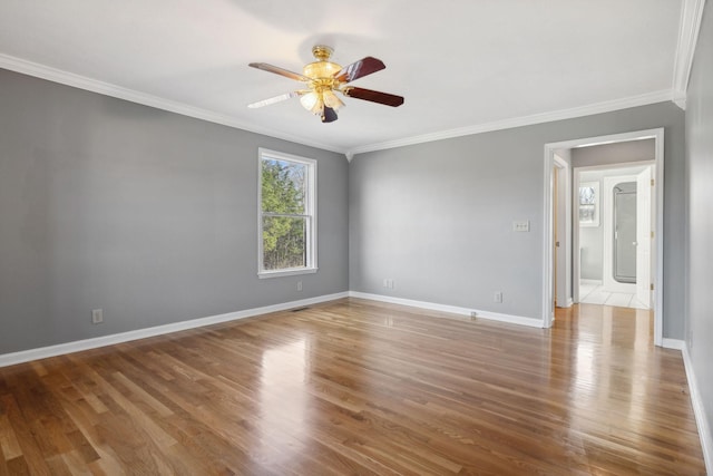 empty room featuring ceiling fan, light hardwood / wood-style floors, and crown molding