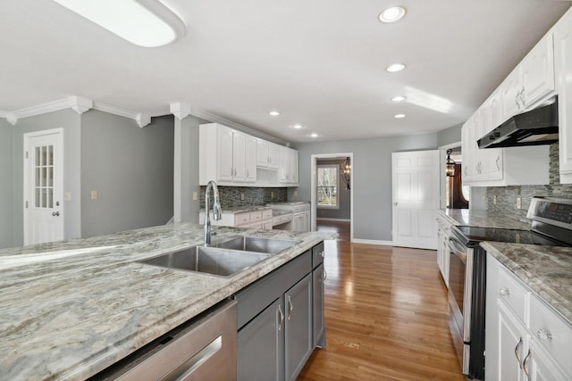 kitchen with sink, appliances with stainless steel finishes, decorative backsplash, white cabinets, and ornamental molding