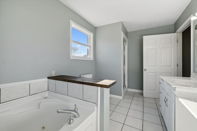 full bathroom with tile patterned flooring, vanity, toilet, and independent shower and bath