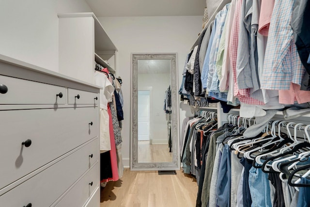 walk in closet with light hardwood / wood-style flooring