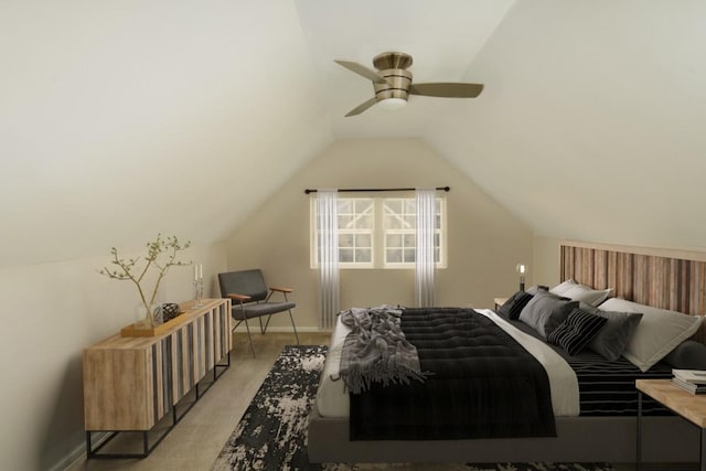 bedroom featuring ceiling fan and lofted ceiling